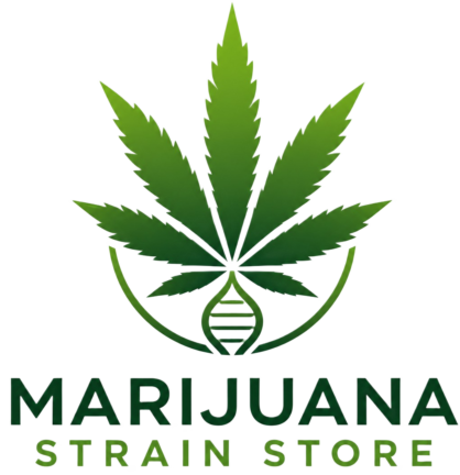 Marijuana Strain Store logo featuring a green cannabis leaf above a DNA helix symbol