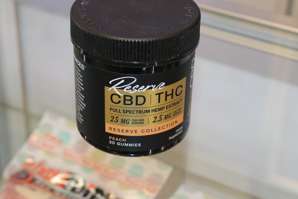 Jar of full spectrum hemp gummies on a glass counter